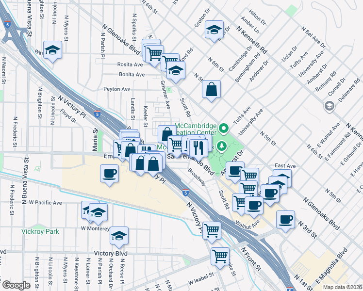 map of restaurants, bars, coffee shops, grocery stores, and more near 1620 North San Fernando Boulevard in Burbank