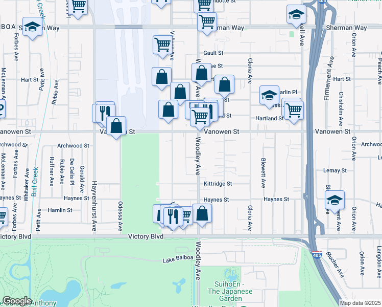 map of restaurants, bars, coffee shops, grocery stores, and more near 6710 Valjean Avenue in Los Angeles