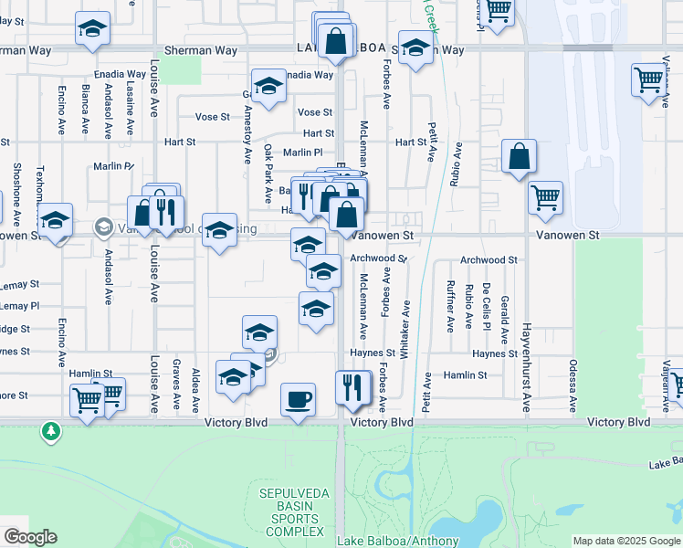 map of restaurants, bars, coffee shops, grocery stores, and more near 6701 Balboa Boulevard in Los Angeles
