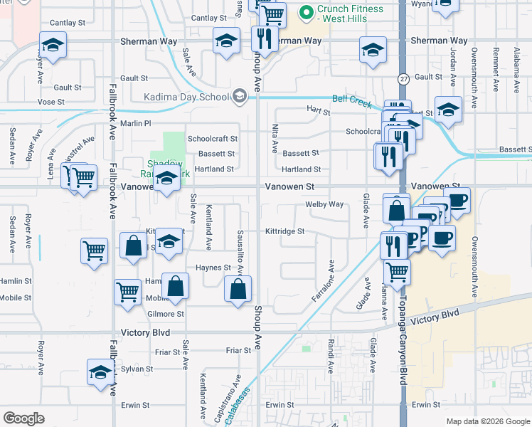 map of restaurants, bars, coffee shops, grocery stores, and more near 22353 Welby Way in Los Angeles
