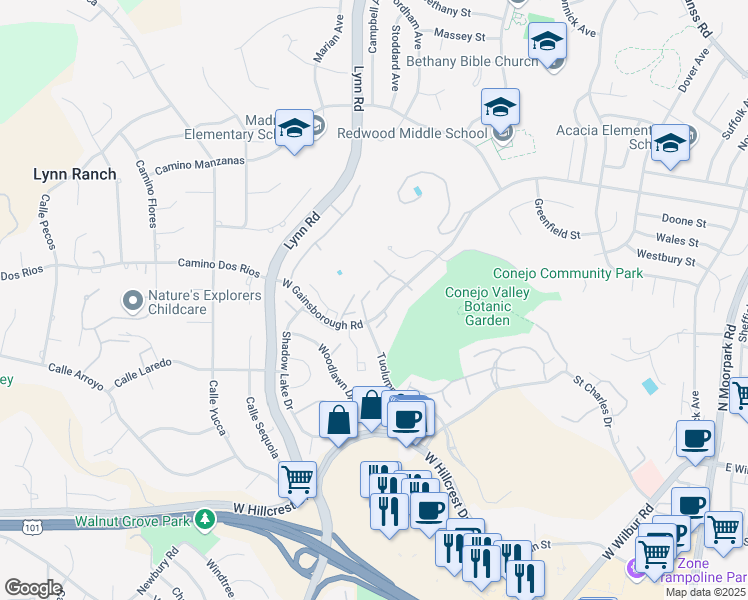 map of restaurants, bars, coffee shops, grocery stores, and more near 519 West Gainsborough Road in Thousand Oaks