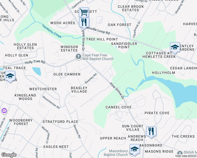map of restaurants, bars, coffee shops, grocery stores, and more near 2640 Broadbill Lane in Wilmington