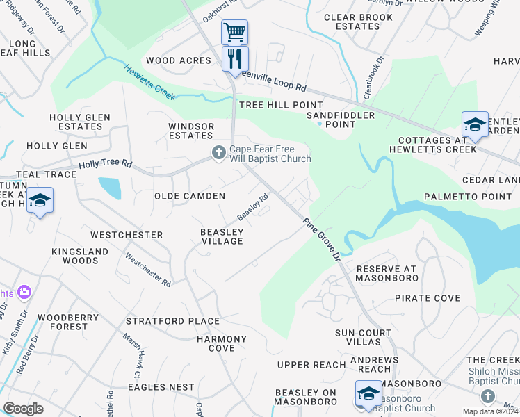map of restaurants, bars, coffee shops, grocery stores, and more near 122 Beasley Road in Wilmington