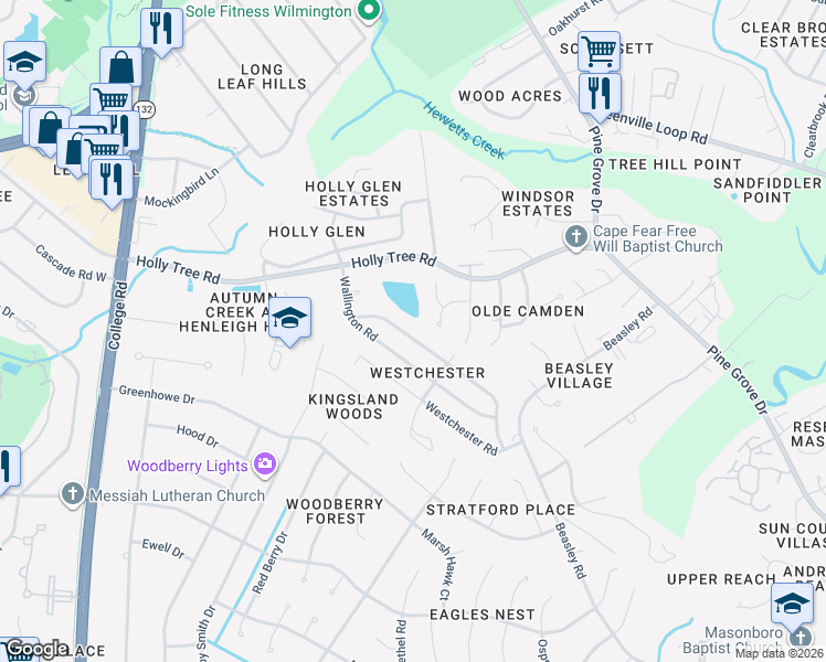 map of restaurants, bars, coffee shops, grocery stores, and more near 348-398 Lancaster Rd in Wilmington