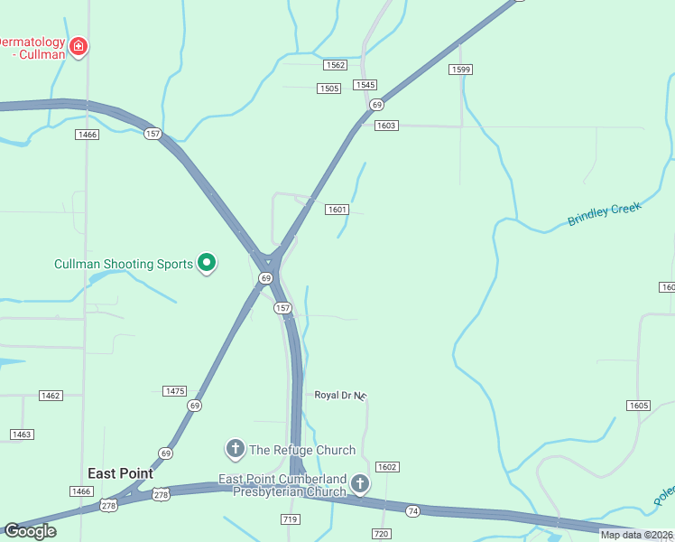 map of restaurants, bars, coffee shops, grocery stores, and more near 460 Alabama 157 in Cullman