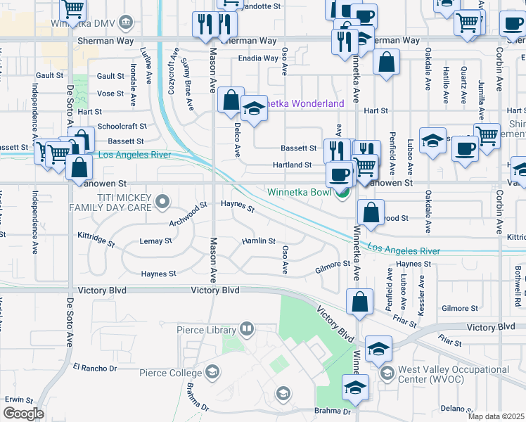 map of restaurants, bars, coffee shops, grocery stores, and more near 20347 Haynes Street in Los Angeles