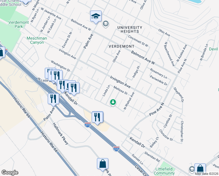 map of restaurants, bars, coffee shops, grocery stores, and more near 6133 Linda Lane in San Bernardino
