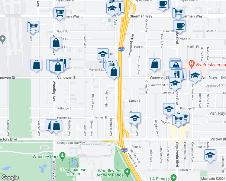 map of restaurants, bars, coffee shops, grocery stores, and more near 6711 Haskell Avenue in Los Angeles