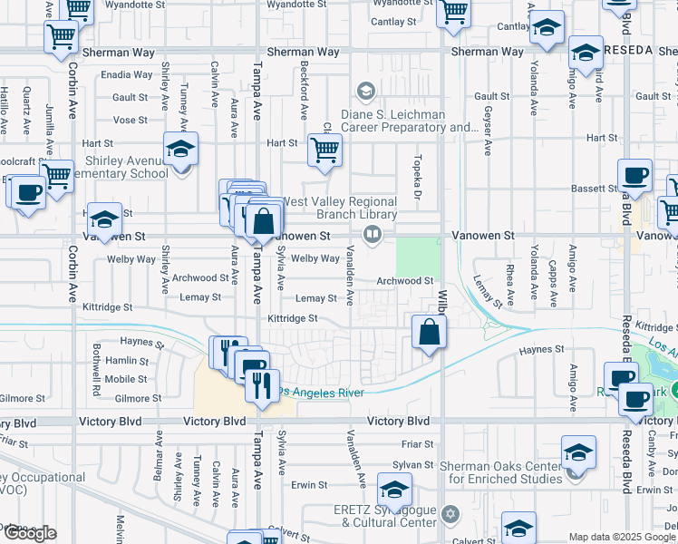 map of restaurants, bars, coffee shops, grocery stores, and more near 19113 Archwood Street in Los Angeles