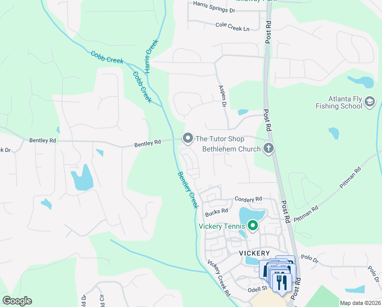 map of restaurants, bars, coffee shops, grocery stores, and more near 7315 Samples Field Road in Cumming