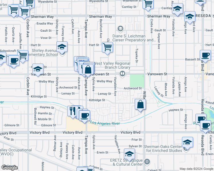 map of restaurants, bars, coffee shops, grocery stores, and more near 19135 Archwood Street in Los Angeles