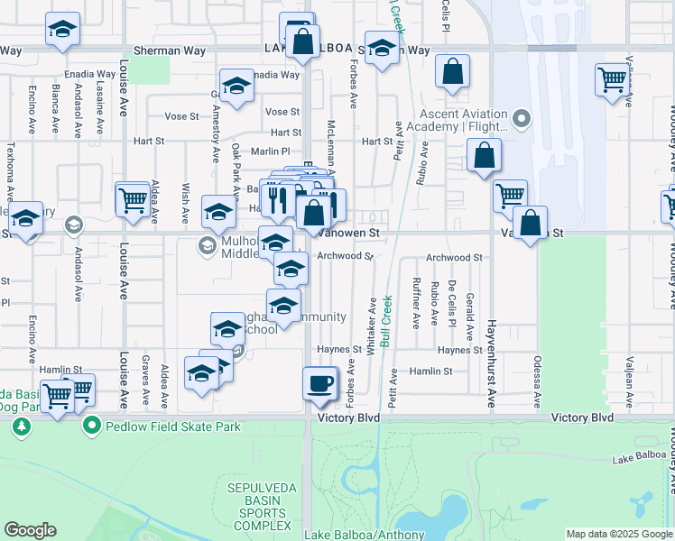 map of restaurants, bars, coffee shops, grocery stores, and more near 6714 McLennan Avenue in Los Angeles