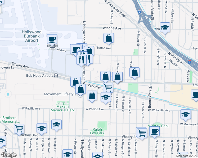 map of restaurants, bars, coffee shops, grocery stores, and more near 3333 West Empire Avenue in Burbank