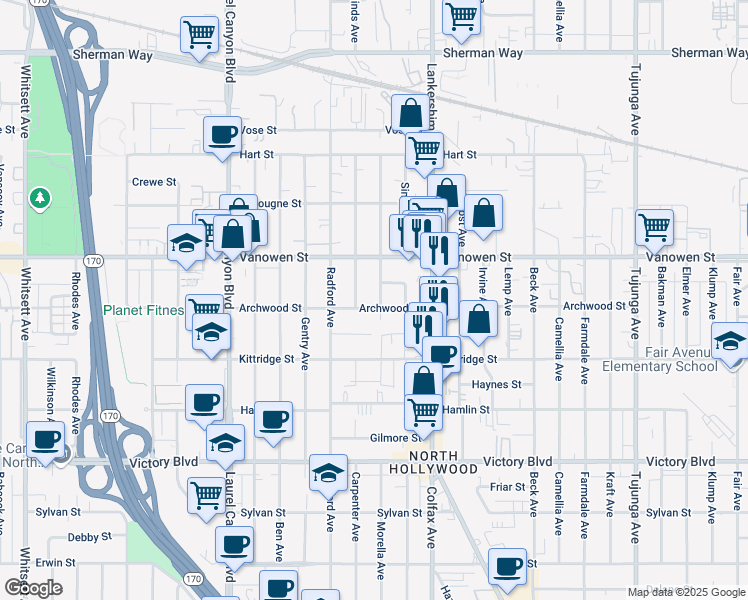 map of restaurants, bars, coffee shops, grocery stores, and more near 6705 Morella Avenue in Los Angeles