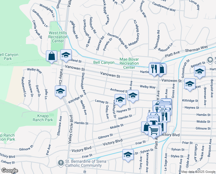 map of restaurants, bars, coffee shops, grocery stores, and more near 24033 Archwood Street in Los Angeles