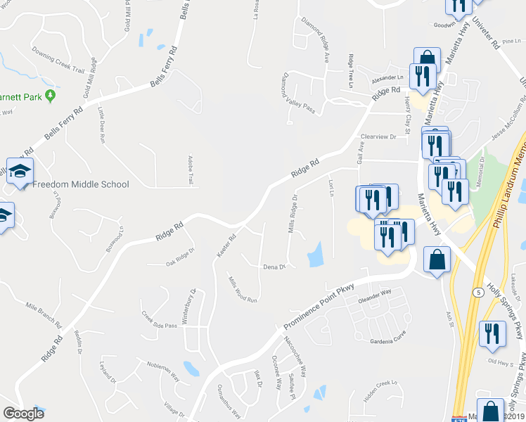 map of restaurants, bars, coffee shops, grocery stores, and more near 2435 Mills Wood Run in Canton