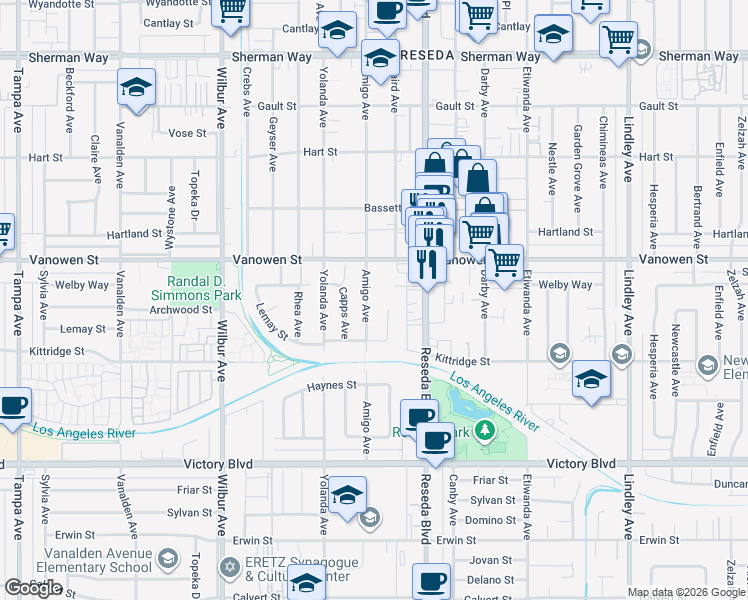 map of restaurants, bars, coffee shops, grocery stores, and more near 6714 Amigo Avenue in Los Angeles