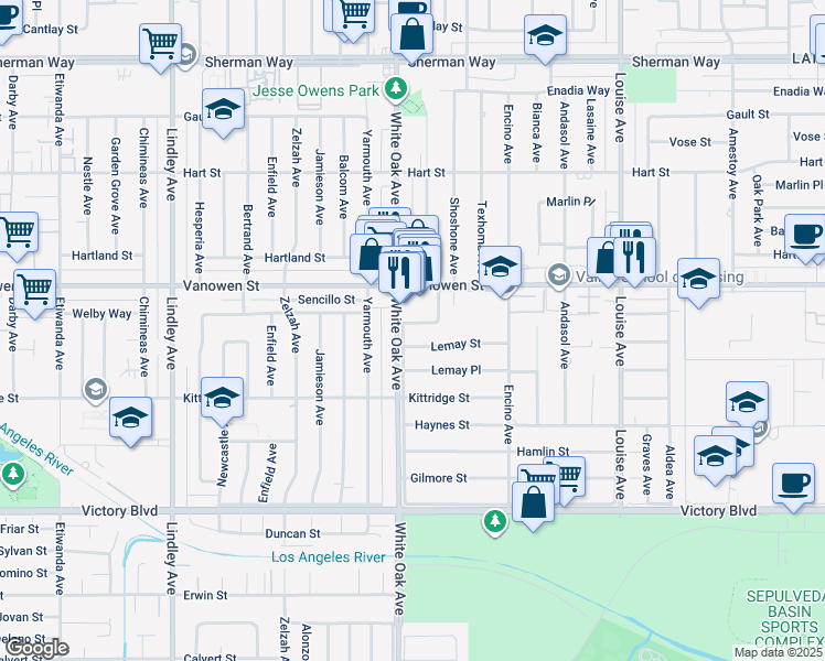 map of restaurants, bars, coffee shops, grocery stores, and more near 17650 Welby Way in Los Angeles