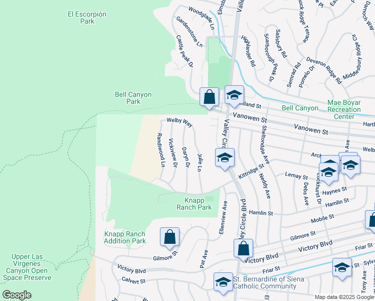 map of restaurants, bars, coffee shops, grocery stores, and more near 6724 Daryn Drive in Los Angeles County
