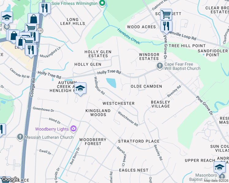 map of restaurants, bars, coffee shops, grocery stores, and more near 348-398 Lancaster Rd in Wilmington