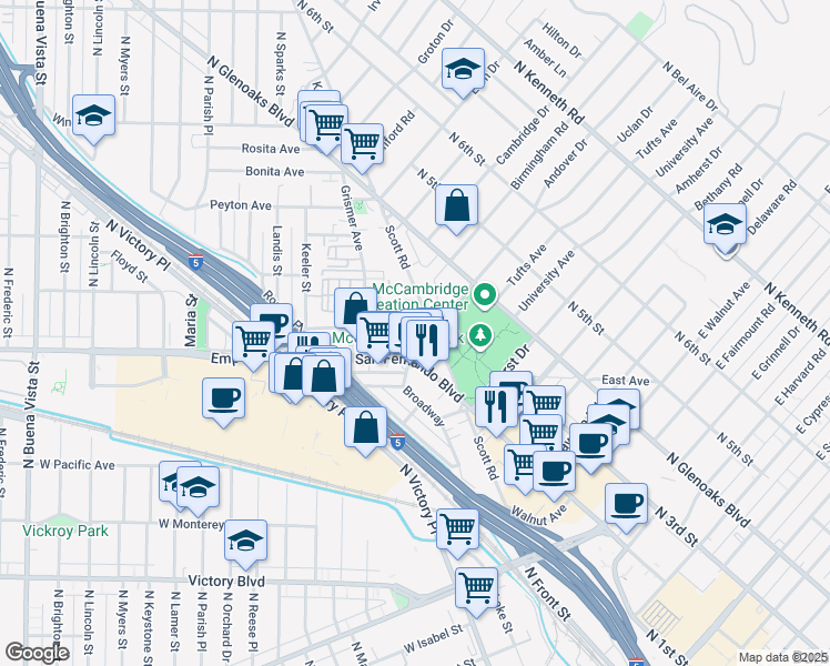 map of restaurants, bars, coffee shops, grocery stores, and more near 1555 Scott Road in Burbank