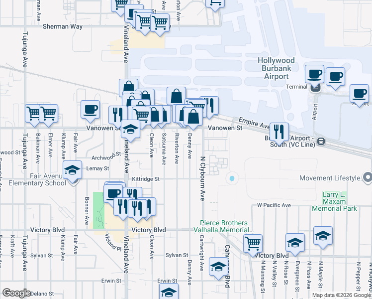 map of restaurants, bars, coffee shops, grocery stores, and more near 6709 Denny Avenue in Los Angeles