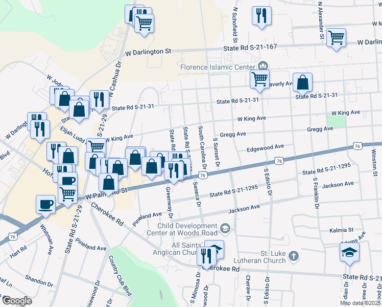 map of restaurants, bars, coffee shops, grocery stores, and more near 200 South Homestead Drive in Florence