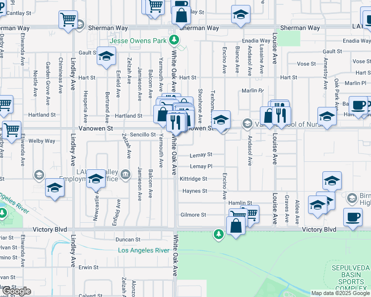 map of restaurants, bars, coffee shops, grocery stores, and more near 17638 Welby Way in Los Angeles