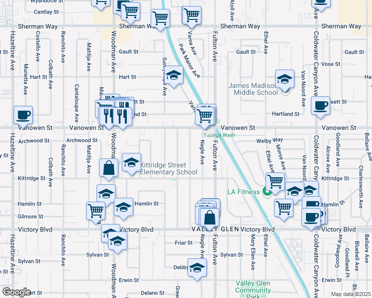 map of restaurants, bars, coffee shops, grocery stores, and more near 6711 Varna Avenue in Los Angeles