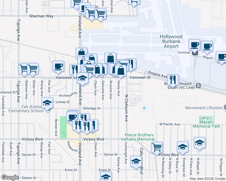 map of restaurants, bars, coffee shops, grocery stores, and more near 6706 Riverton Avenue in Los Angeles