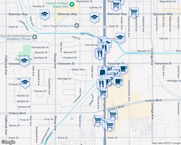 map of restaurants, bars, coffee shops, grocery stores, and more near 6713 Glade Avenue in Los Angeles