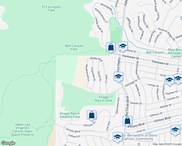 map of restaurants, bars, coffee shops, grocery stores, and more near 6717 Vickiview Drive in Los Angeles County