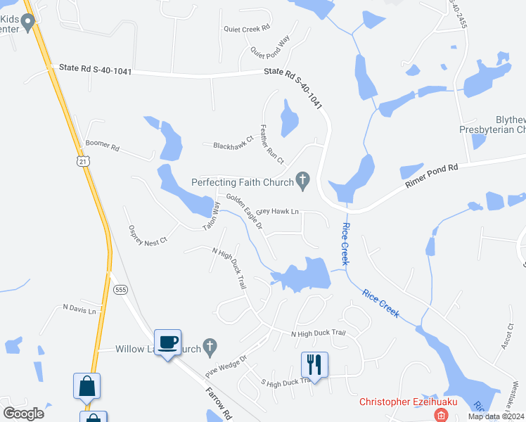 map of restaurants, bars, coffee shops, grocery stores, and more near Grey Hawk Lane in Blythewood