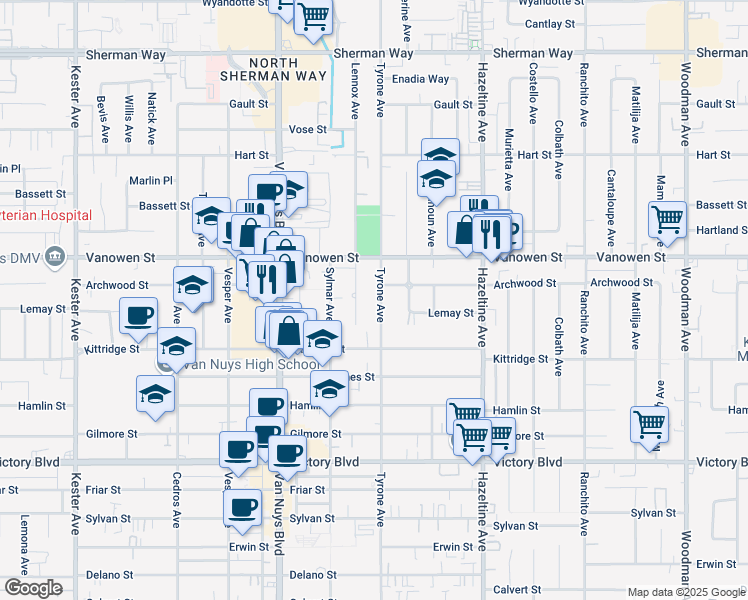 map of restaurants, bars, coffee shops, grocery stores, and more near 6709 Tyrone Avenue in Los Angeles