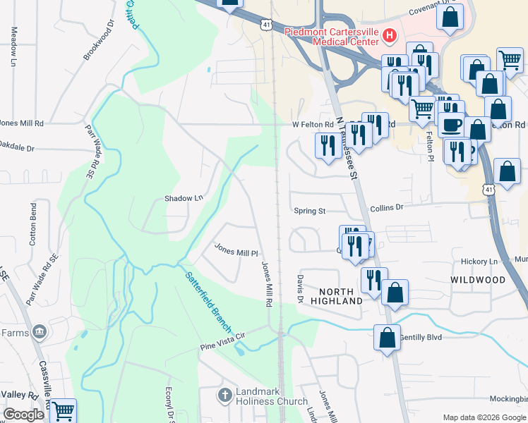 map of restaurants, bars, coffee shops, grocery stores, and more near 943 Jones Mill Road in Cartersville