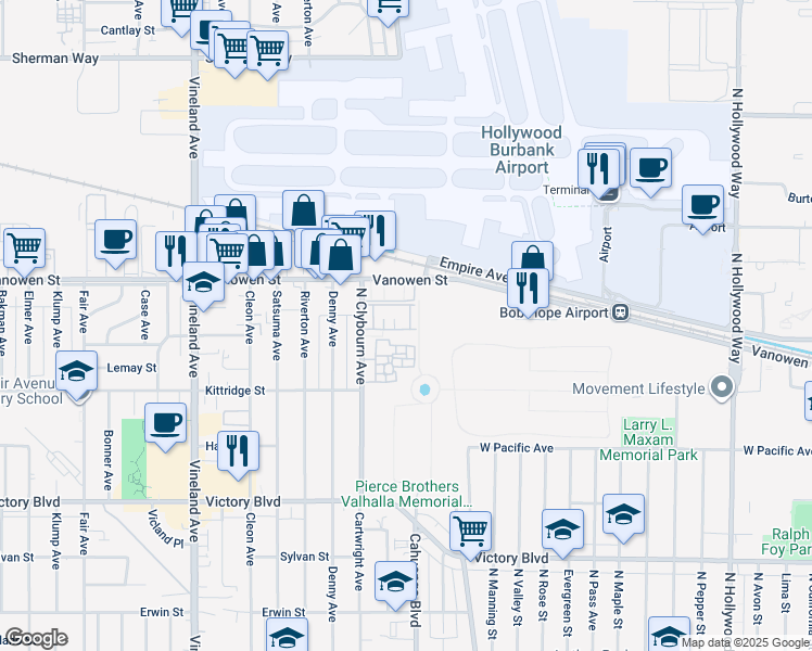 map of restaurants, bars, coffee shops, grocery stores, and more near 6716 Clybourn Avenue in Los Angeles