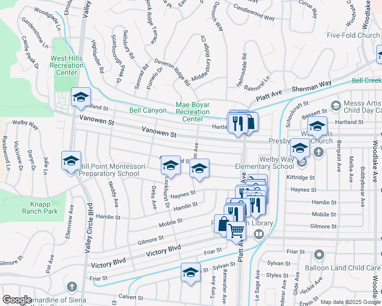 map of restaurants, bars, coffee shops, grocery stores, and more near 23908 Welby Way in Los Angeles