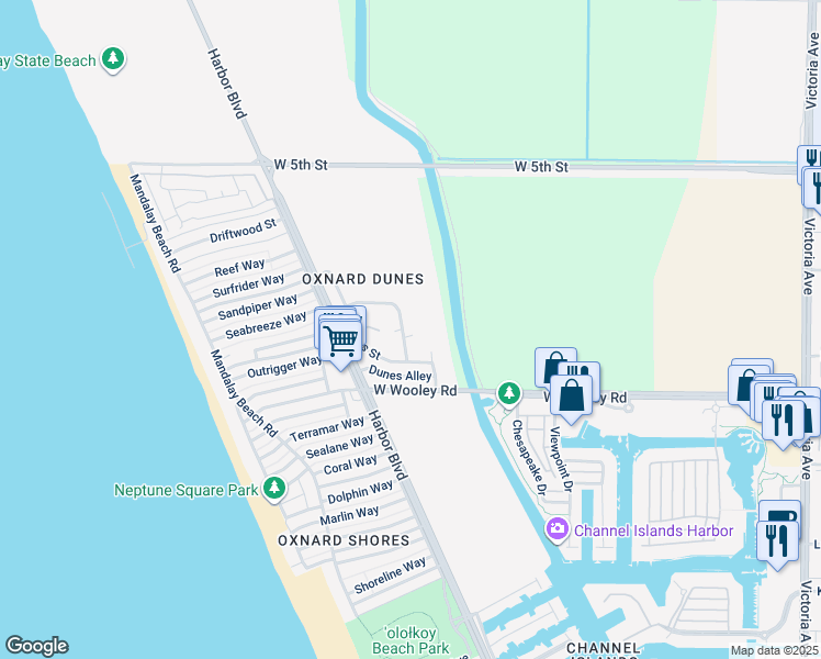 map of restaurants, bars, coffee shops, grocery stores, and more near 930 Catamaran Street in Oxnard