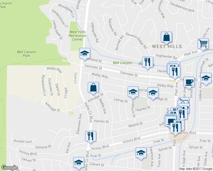 map of restaurants, bars, coffee shops, grocery stores, and more near 24224 Archwood Street in Los Angeles