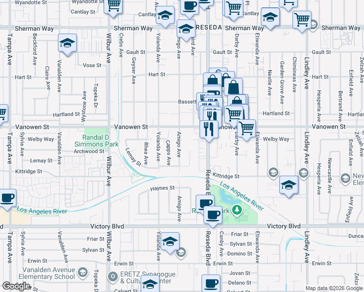 map of restaurants, bars, coffee shops, grocery stores, and more near 6714 Amigo Avenue in Los Angeles
