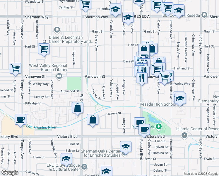 map of restaurants, bars, coffee shops, grocery stores, and more near 6715 Yolanda Avenue in Los Angeles