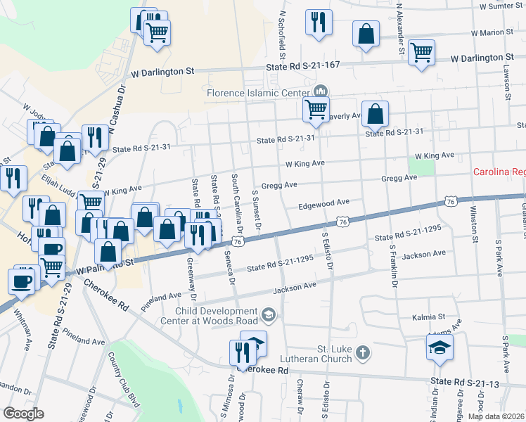 map of restaurants, bars, coffee shops, grocery stores, and more near 216 South Sunset Drive in Florence
