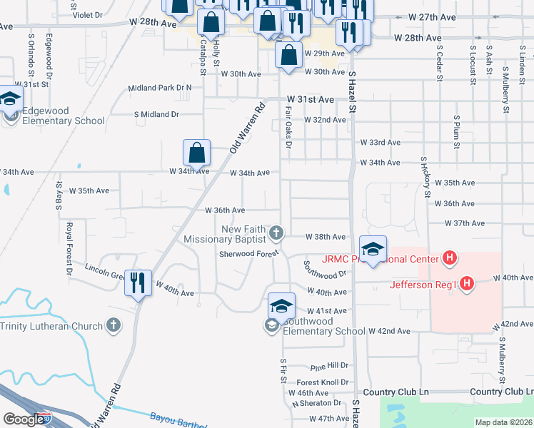 map of restaurants, bars, coffee shops, grocery stores, and more near 2610 West 36th Avenue in Pine Bluff