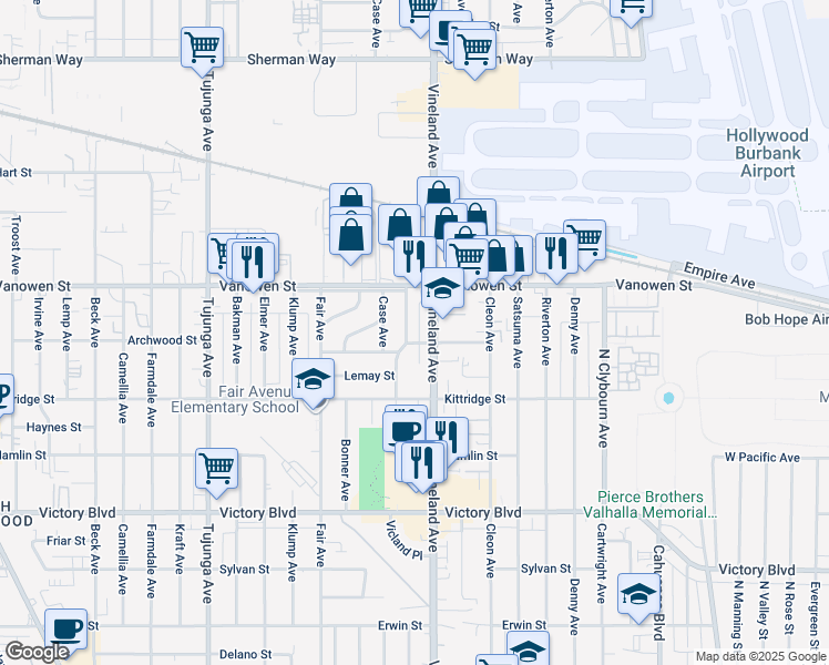 map of restaurants, bars, coffee shops, grocery stores, and more near 6714 Ensign Avenue in Los Angeles