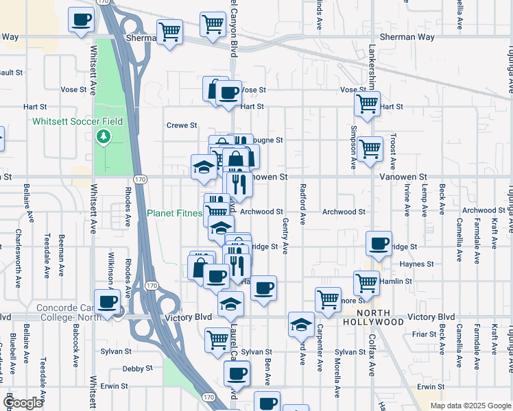 map of restaurants, bars, coffee shops, grocery stores, and more near 6710 Agnes Avenue in Los Angeles
