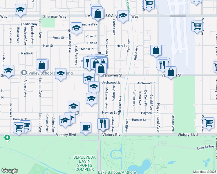 map of restaurants, bars, coffee shops, grocery stores, and more near 6714 McLennan Avenue in Los Angeles