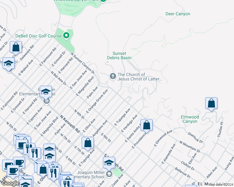 map of restaurants, bars, coffee shops, grocery stores, and more near 100 Country Club Drive in Burbank