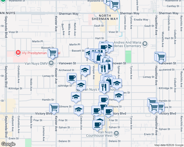 map of restaurants, bars, coffee shops, grocery stores, and more near 6709 Vesper Avenue in Los Angeles