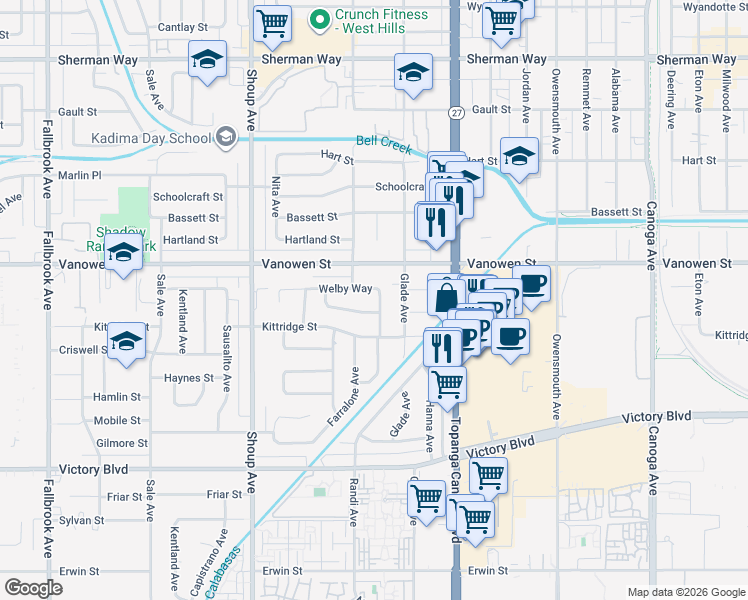 map of restaurants, bars, coffee shops, grocery stores, and more near 6715 Nevada Avenue in Los Angeles