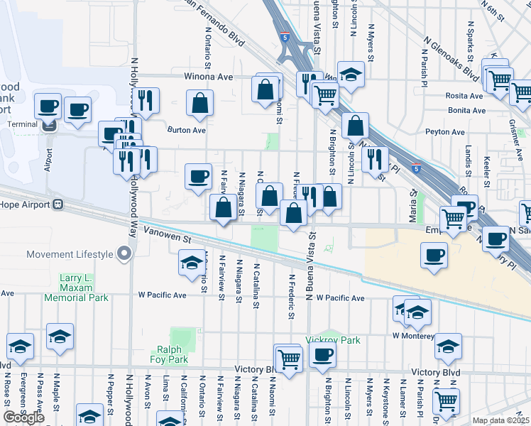 map of restaurants, bars, coffee shops, grocery stores, and more near 2216 N Catalina St in Burbank